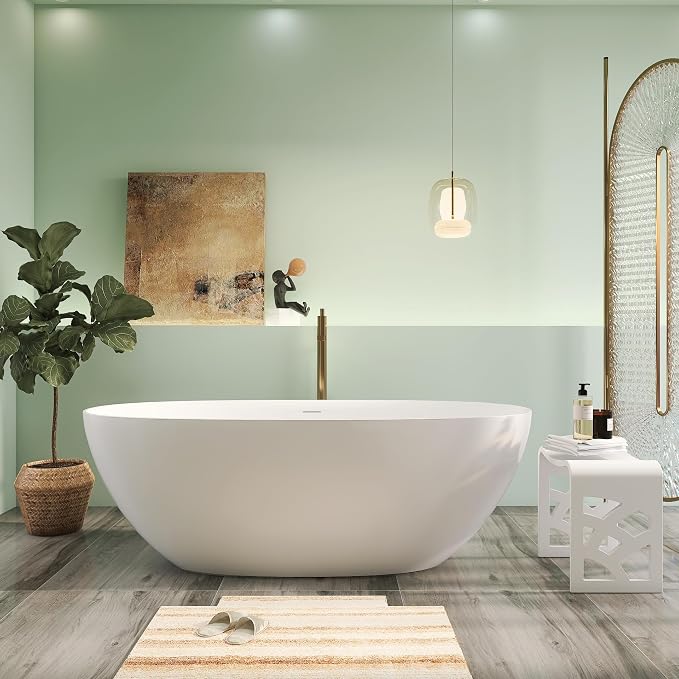 67" Premium Solid Surface Freestanding Bathtubs, Upgraded Matte White Modern by HIGEINE
