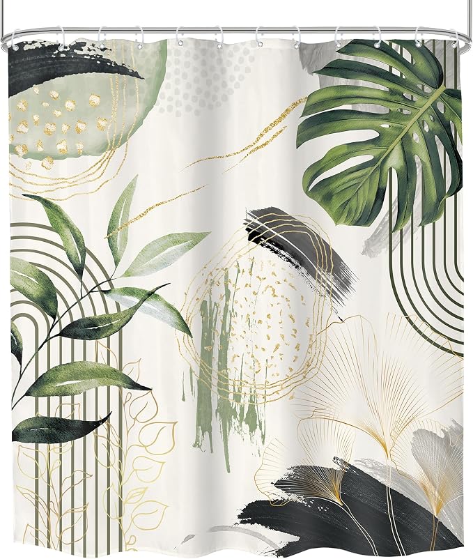Grey Green Boho Shower Curtain 60Wx72H Tropical Palm Leaves Abstract Mid - Image 7