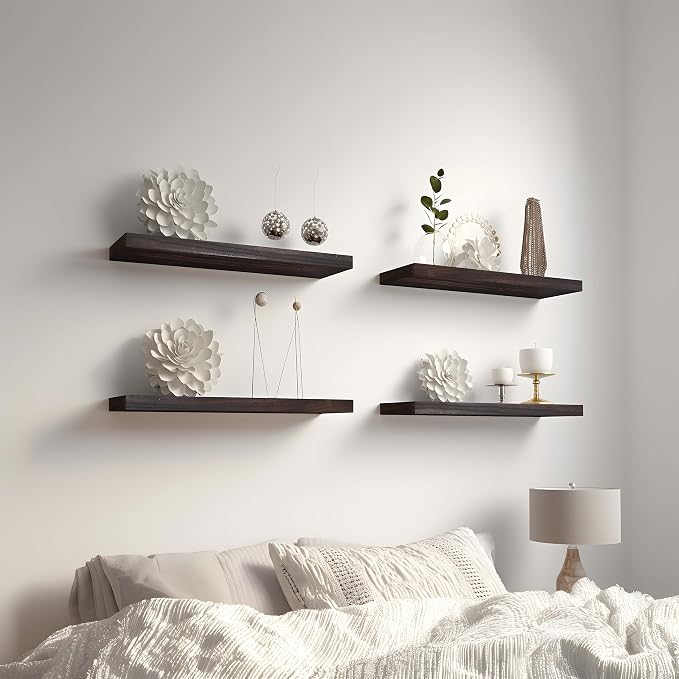 Brown Wood Floating Shelves for Wall Rustic Wall Shelves for Bedroom Set of 6 - Image 2