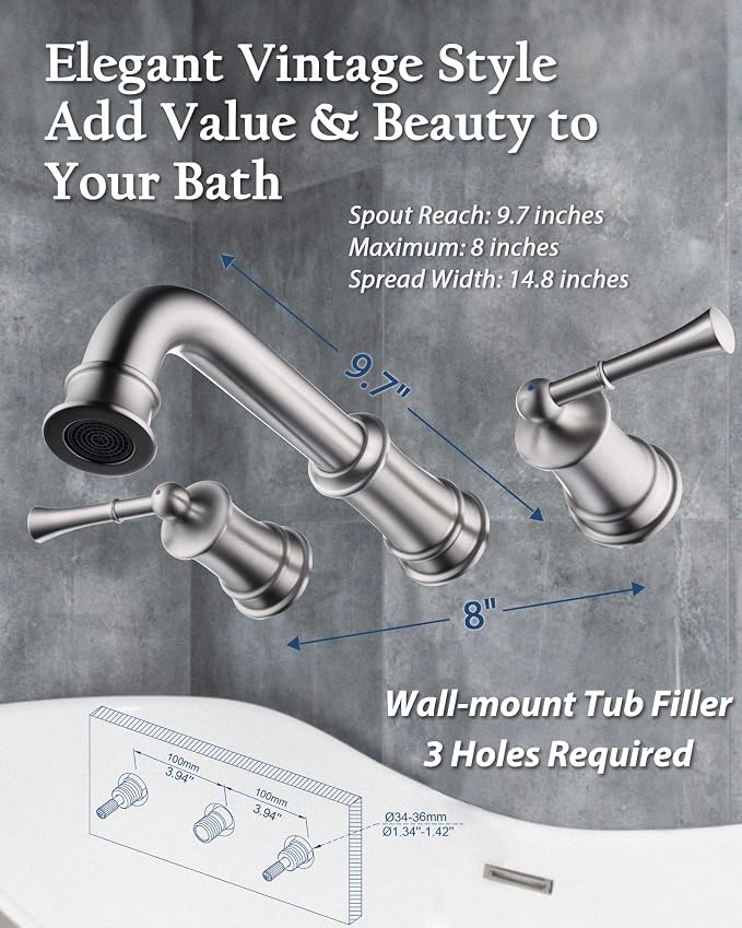 Wall Mount Tub Filler with Rough-in Valve, High Flow Brass Roman Tub Faucet 2 - Image 3