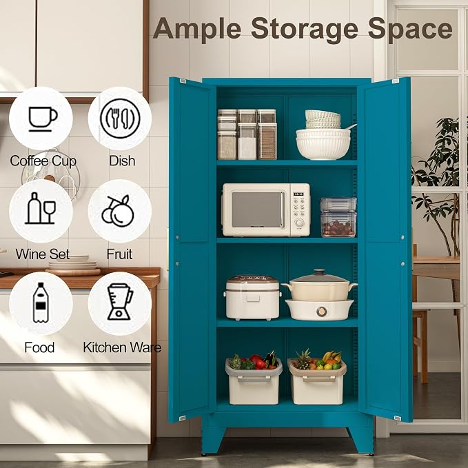 61H Metal Storage Cabinet with 2 Doors and Adjustable Shelves, Farmhouse - Image 3