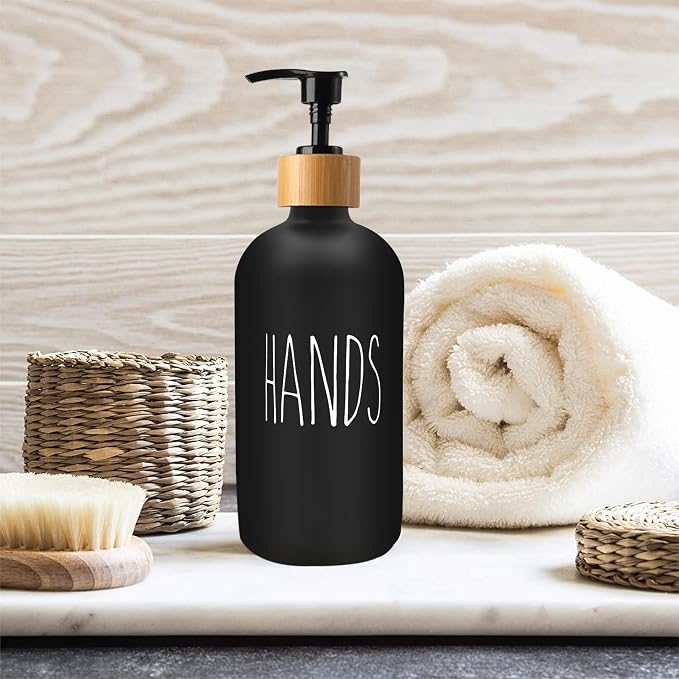 16 OZ Thick Black Glass Soap Dispenser, Bamboo Pump - Image 5