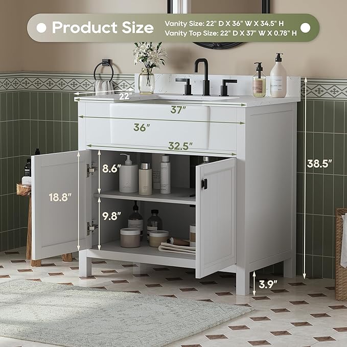 36 Inch Bathroom Vanity with Sink, Farmhouse Single Sink Bathroom Vanity with - Image 2