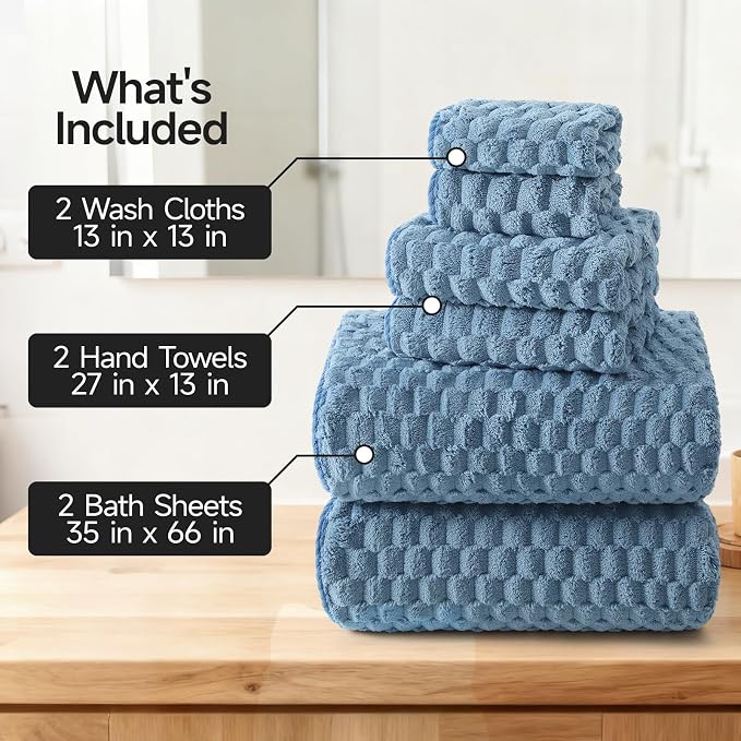 REDKISS Blue Microfiber Bath Towels Set of 6-35x70 Inches Oversized Bath Sheets - Image 2