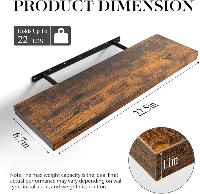 BAYKA Floating Shelves for Wall, 22.5 Inch Rustic Wood Wall Mounted Shelving - Image 6