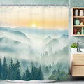 Riyidecor Mountain Shower Curtain 72Wx72H Inch Green Sunrise Sunset Scenery by Riyidecor