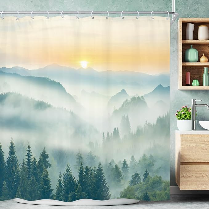 Riyidecor Mountain Shower Curtain 72Wx72H Inch Green Sunrise Sunset Scenery by Riyidecor
