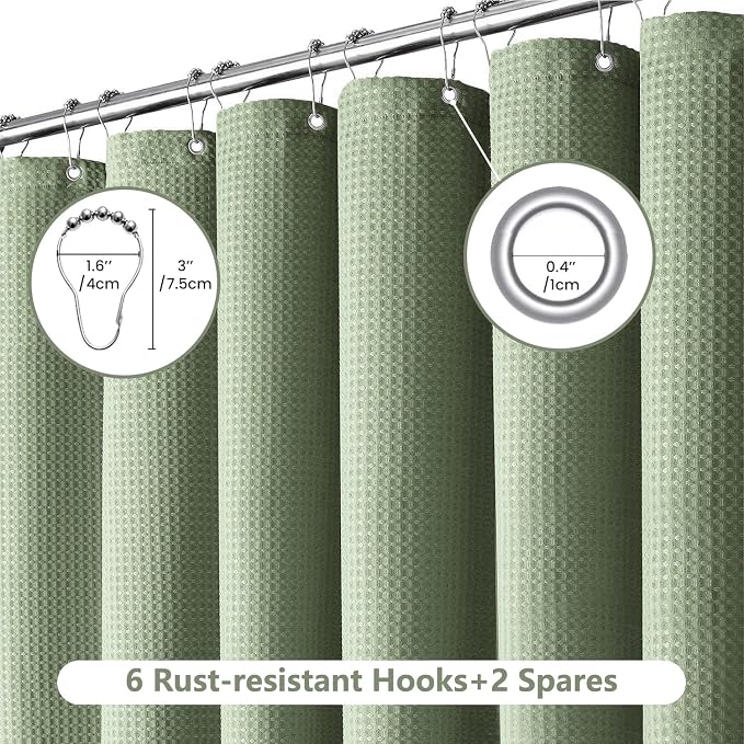 Inhousolu Fabric Shower Curtain Waffle Weave, Sage Green 230 GSM Heavy Duty - Image 2