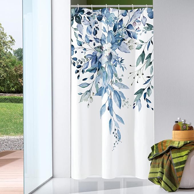 Gibelle Small Stall Shower Curtain 36 x 72, Narrow Blue Floral Shower Curtain by Gibelle