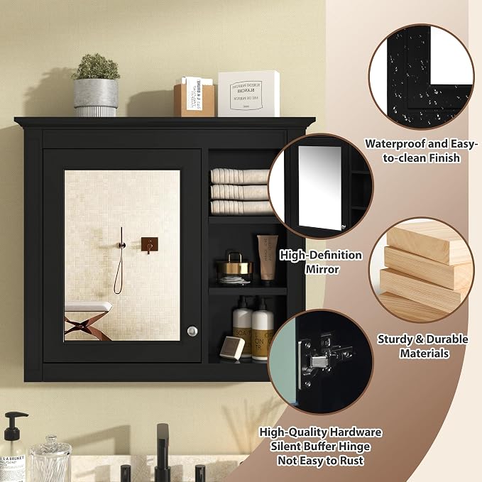 30'' x 28'' Black Medicine Cabinet, Wall Mounted Bathroom Storage Cabinet - Image 5