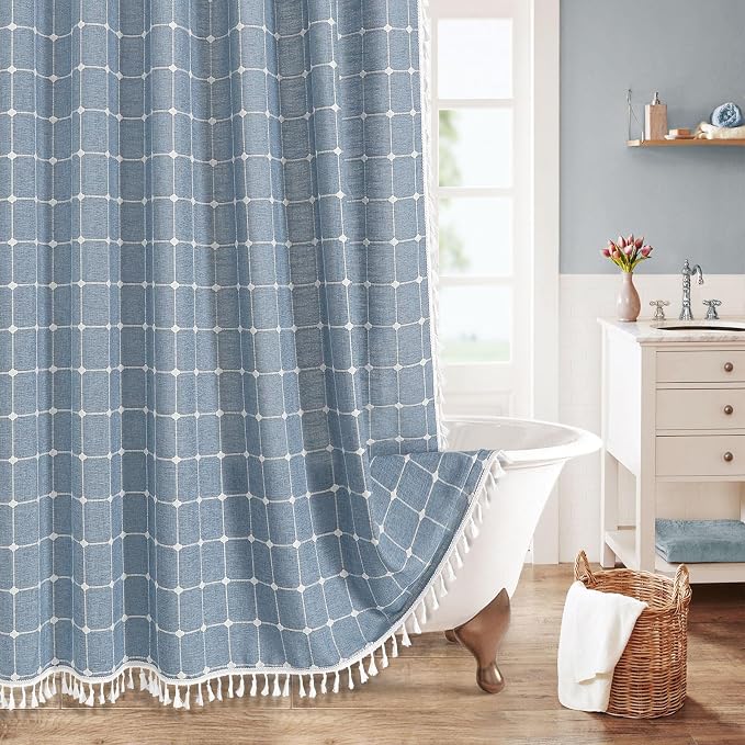 MitoVilla Blue Boho Extra Long Shower Curtain 72 x 84, Modern Farmhouse 84 inch by MitoVilla