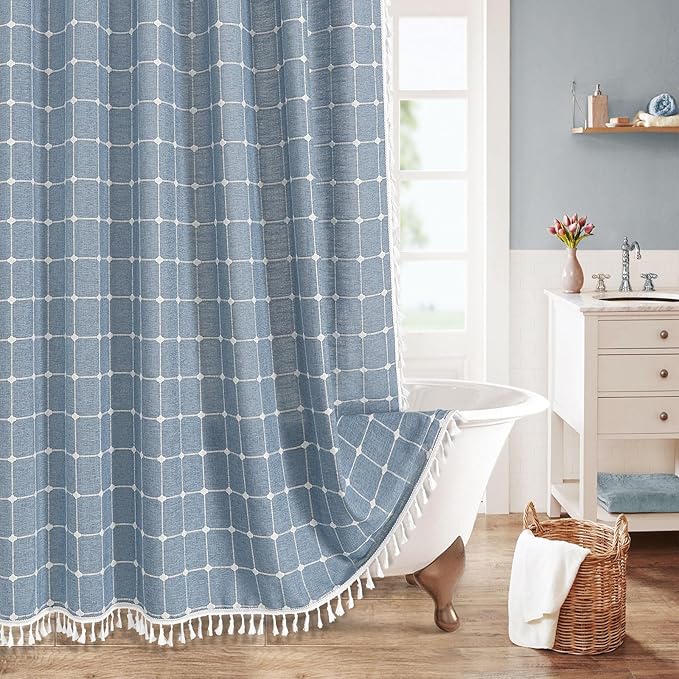 MitoVilla Blue Farmhouse Shower Curtain Set 72 x 78, Boho 78 inch Long by MitoVilla