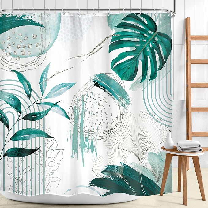 Green Boho Shower Curtain 72Wx72H Bohemian Modern Abstract Teal Tropical Palm - Image 2