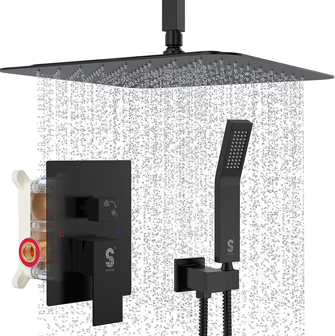 SR SUN RISE 16 Inches Matte Black Shower Set System Bathroom Luxury Rain Mixer - Image 8
