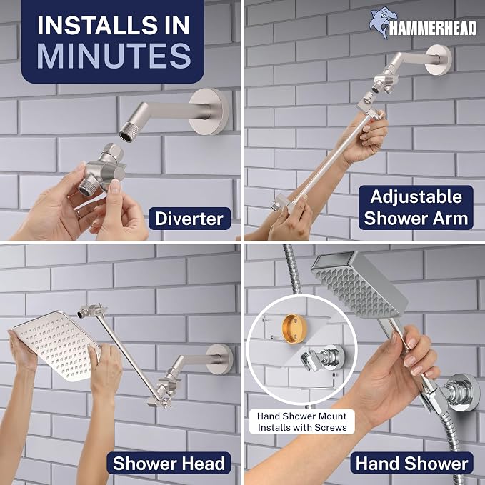 HammerHead® Solid Metal Dual Shower Head Combo — 8" Square Rain Shower Head - Image 5