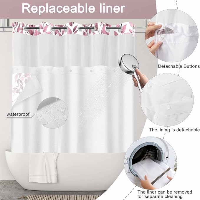 No Hook Shower Curtain and Liner Set, Dark Red Eucalyptus Floral Shower Curtains - Image 7