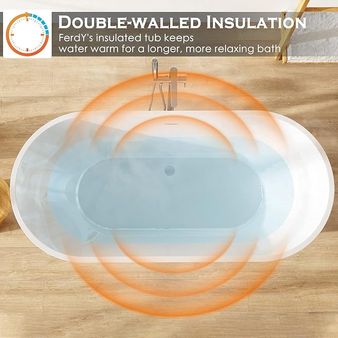 FerdY Luzon 67" Acrylic Freestanding Bathtub, Ergonomic Lightweight Classic - Image 3