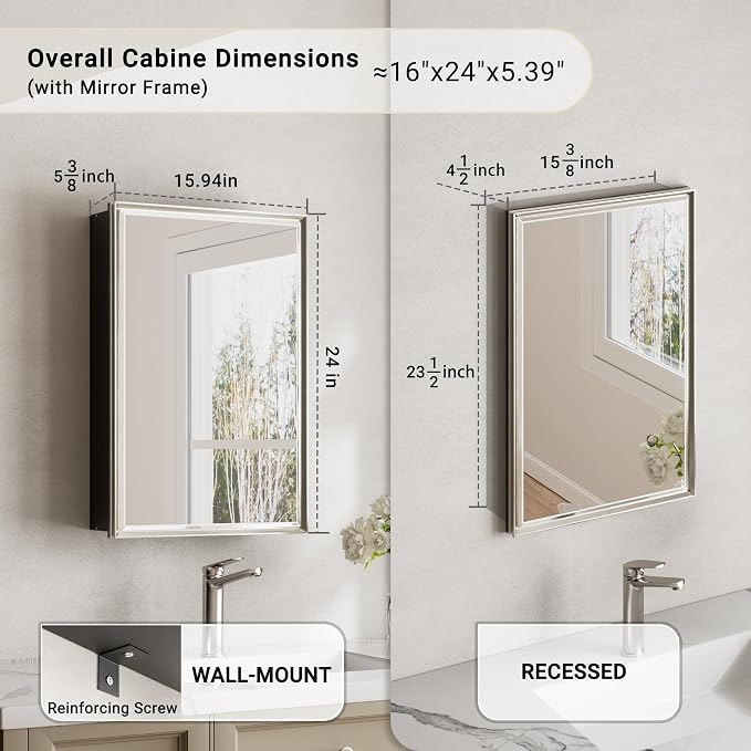 Pre-Assembled Surface or Recessed Medicine Cabinet Mirror-16x24 Brushed Nickel - Image 2