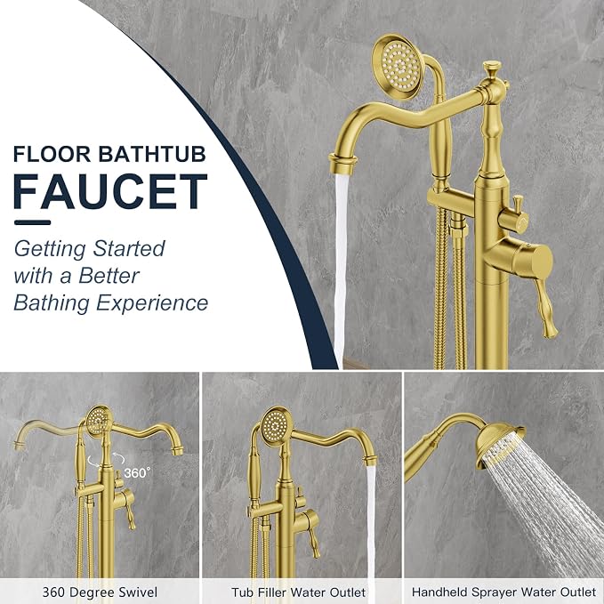 Brushed Gold Bathtub Faucet Freestanding Tub Filler High Pressure Single Handle - Image 4
