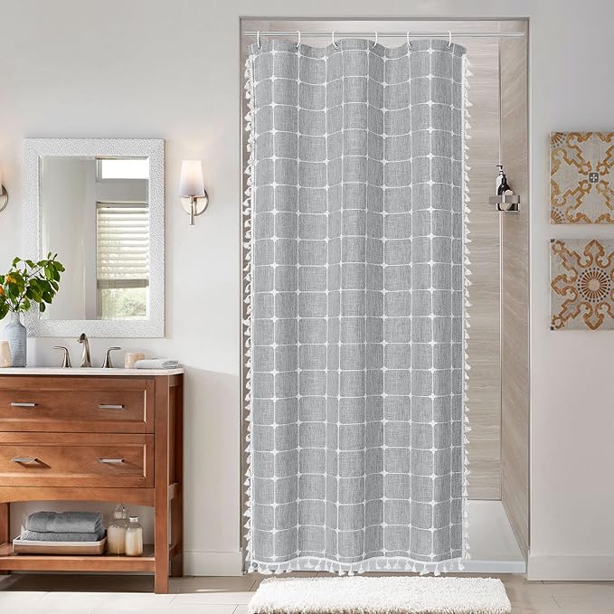 MitoVilla Tan Boho Small Stall Shower Curtain 36 x 72, Narrow Polyester Linen by MitoVilla