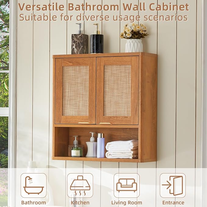 LEYAOYAO Rattan Bathroom Wall Cabinet, Boho Medicine Cabinet - Image 5