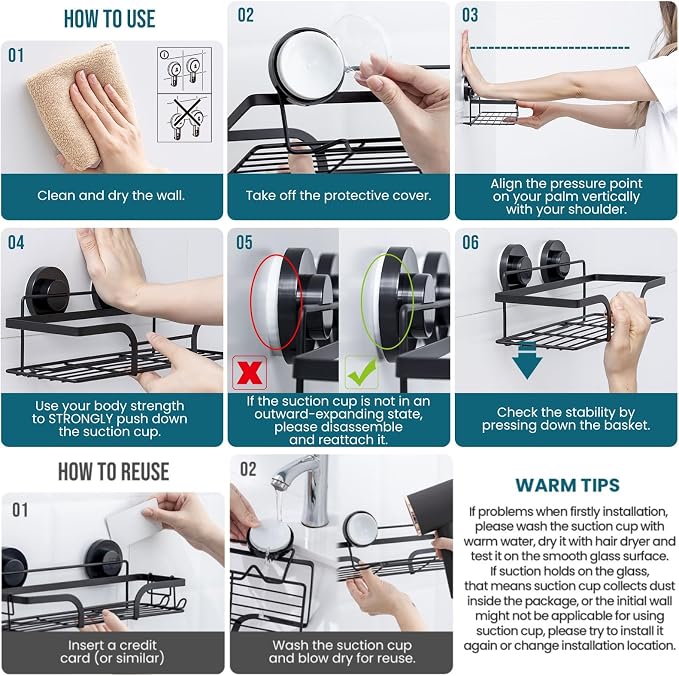 TAILI Shower Caddy Suction Cup 2 Pack, Heavy Duty Bathroom Basket, Bath Shelves - Image 3