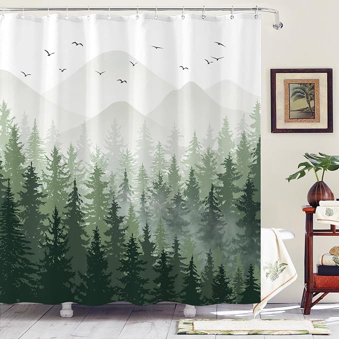 Aipon Green Misty Forest Shower Curtain Ombre Nature Tree Plants Shower by Aipon