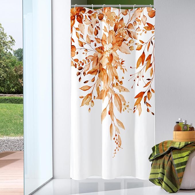 Gibelle Small Stall Shower Curtain 36 x 72, Narrow Orange Floral Shower Curtain by Gibelle