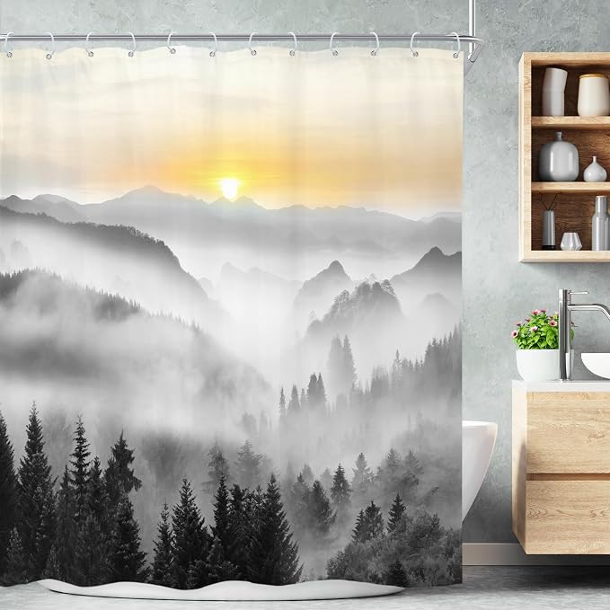 Riyidecor Misty Mountain Shower Curtain 60Wx72H Inch Sunrise Foggy Woodland by Riyidecor