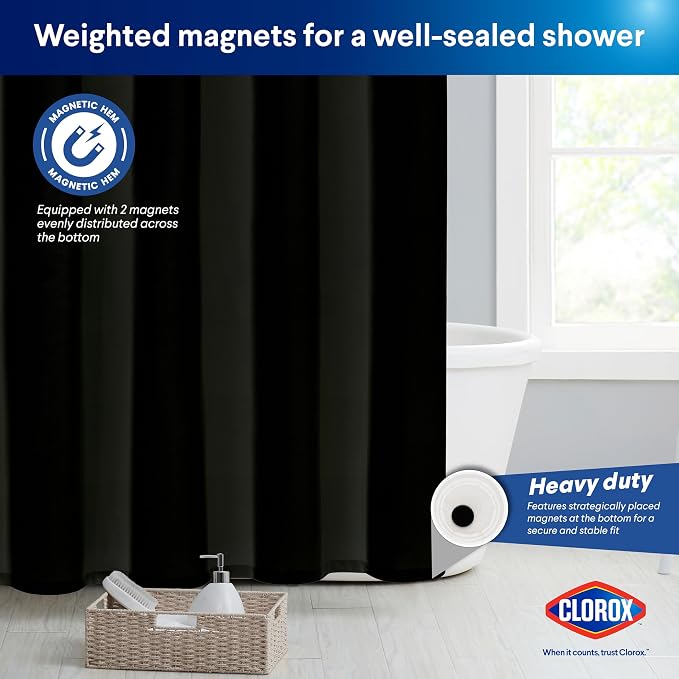 CLOROX 2-in-1 Bathroom Shower Curtain Liner, Durable Fabric, Weighted Magnets - Image 6