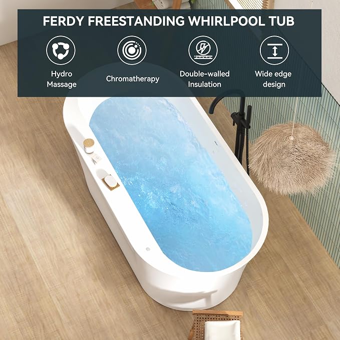 FerdY Mauritius 67 Inch Acrylic Freestanding Whirlpool Bathtub, Oval - Image 3