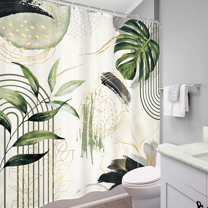 Grey Green Boho Shower Curtain 72Wx72H Abstract Tropical Palm Leaves Modern - Image 3
