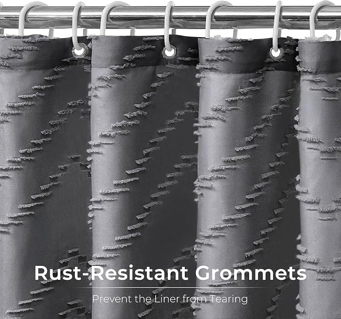 Extra Long Grey Boho Shower Curtain 84 Inch Grey Tufted Chevron Striped Fabric - Image 4