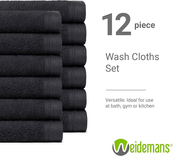 100% Cotton Washcloths Set 13” x 13” | Black Towels | Set of 12 Ultra Soft and - Image 3