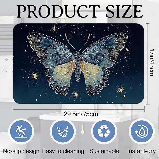 Elightvap Blue Butterfly Bathroom Mat Quick-Drying Non-Slip Bath Mats Absorbent - Image 2