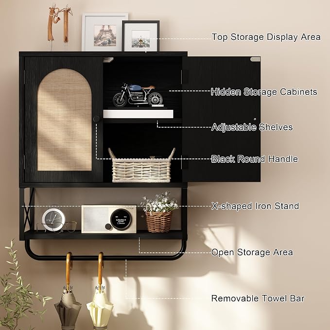 RUSTOWN Rattan Bathroom Wall Cabinet, Boho Over The Toilet Storage Cabinet - Image 7