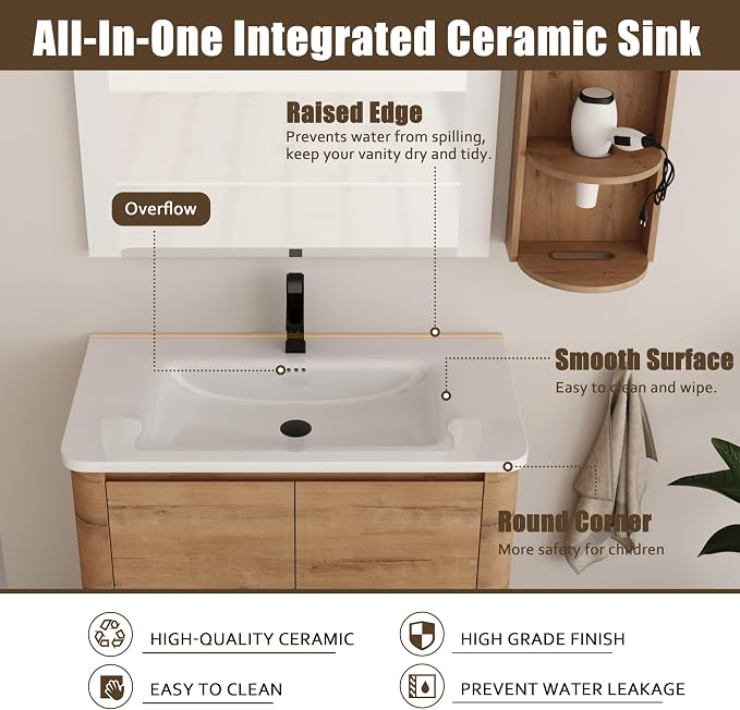 36 Inch Bathroom Vanity with Sink, Wooden Bathroom Cabinet with Soft Close Doors - Image 5