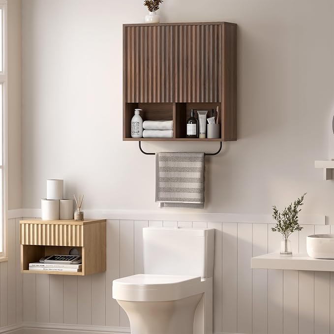 Fluted Wall Cabinet Set of 2, Wooden Bathroom Medicine Cabinet Storage - Image 5