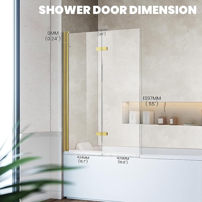 Bathtub Folding Shower Glass Door, Brushed Gold - Image 2