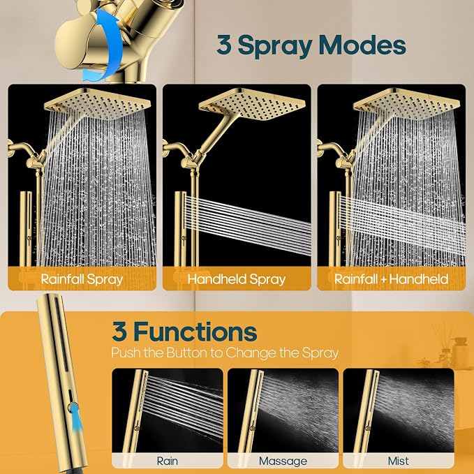 Shower Heads with Handheld Spray Combo Gold, 10 Inch High Pressure - Image 6