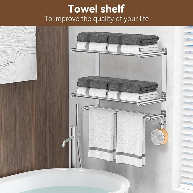 Bathroom Towel Rack with Shelf and Towel Bar, 2-Tier Expandable SUS304 - Image 5