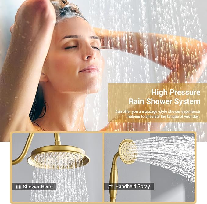 DASAN Brushed Gold Rain Shower System Complete Antique Shower Faucet Sets - Image 3