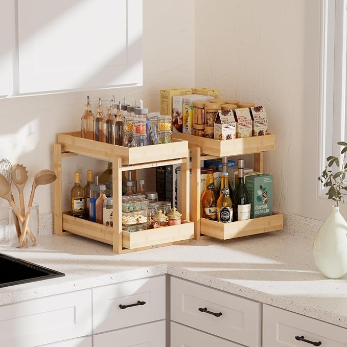 2 Pack Under Sink Organizer, Bamboo Wooden 2-Tier Pull-Out Storage - Image 4