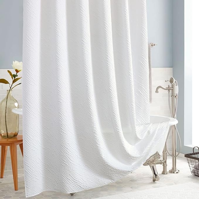 MitoVilla White Modern Fabric Shower Curtain, Farmhouse Waves Cloth Shower - Image 2