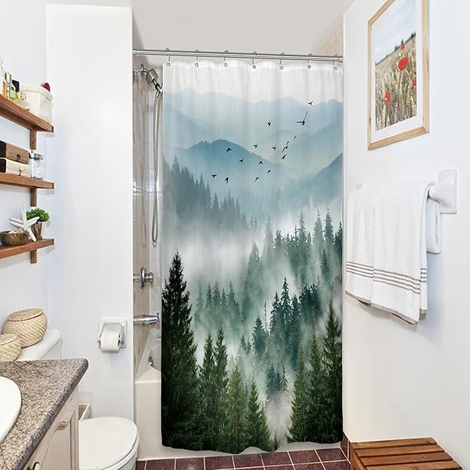 Riyidecor Small Stall Mountain Shower Curtain 36Wx72H Inch Green Rv Single - Image 2