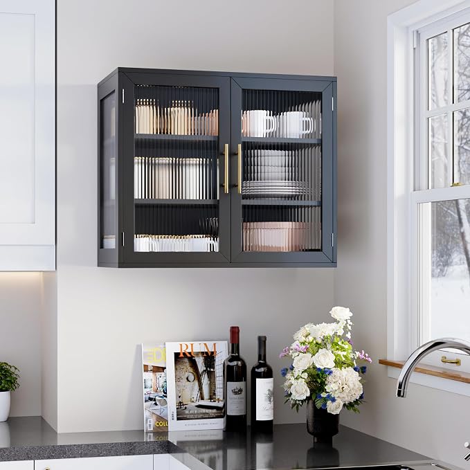 Black Glass Display Wall Storage Cabinet, Wall-Mounted Bathroom Cabinet - Image 7