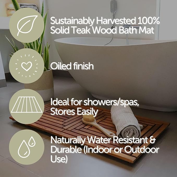 Nordic Style Teak Shower, Bath and Spa Mat | Indoor + Outdoor Use | Non-Slip - Image 4