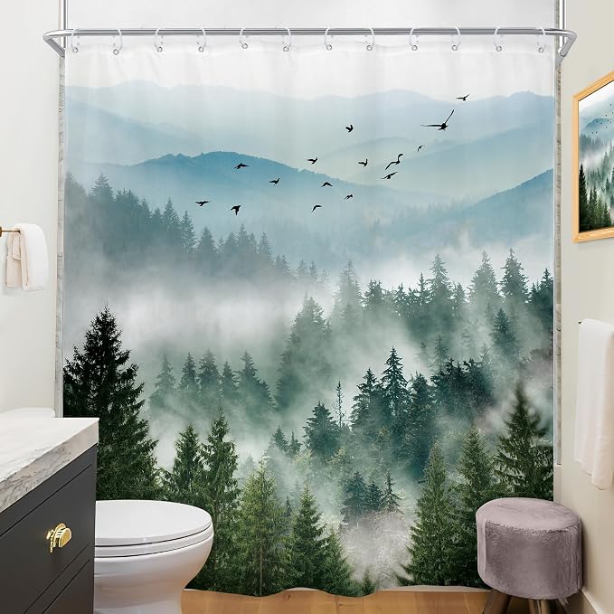 Riyidecor Green Mountain Shower Curtain 72Wx96H Inch Extra Long Nature Rustic - Image 4