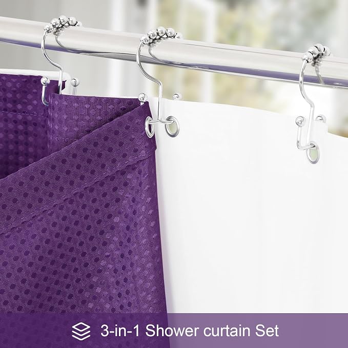 3 in 1 Long Purple Shower Curtain Set-72 W x 78 H, Modern Waffle and PEVA Liner - Image 2