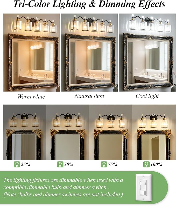 Modern Crystal Bathroom Vanity Light, Balck and Gold 3-Lights Bathroom Light - Image 2